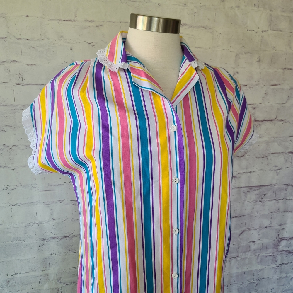 Vintage 80s J.F.I. Colorful Stripe Short Sleeve Button Front Top Lace Trim Small - Picture 3 of 11